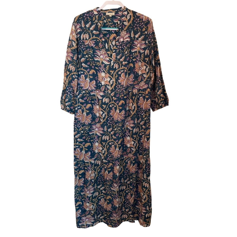 Fitzroy & Willa Size XL Marti Tiered Maxi Dress Block Print Blue Floral Cotton